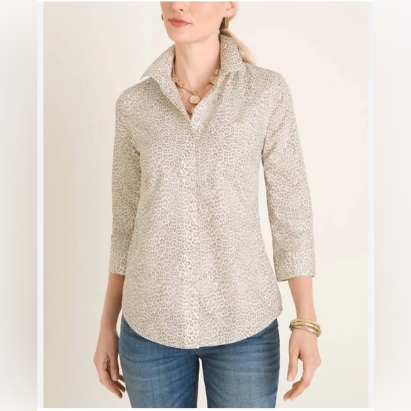 Leopard Print Button Down Shirt Chicos 12P wrinkle free holiday Shimmer - Picture 2 of 5